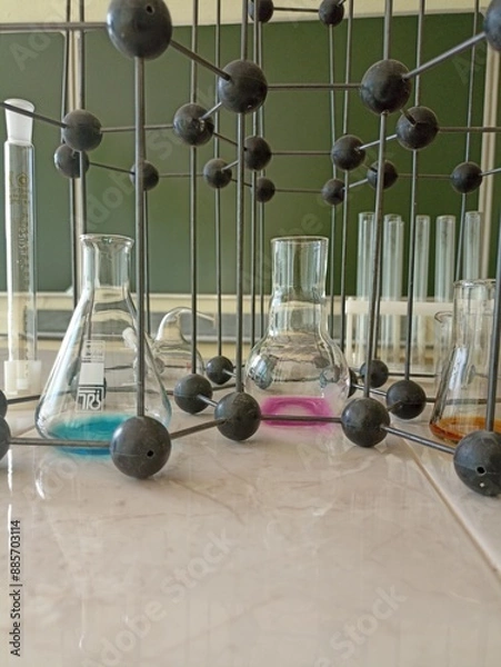 Obraz Chemical glassware in a chemistry lesson. Demonstration experience.