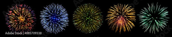 Obraz Salute, festive fireworks isolated on a black background. Collection of fireworks on black.