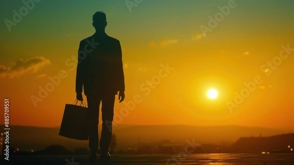 Fototapeta a man with a suitcase is silhouetted against the setting sun