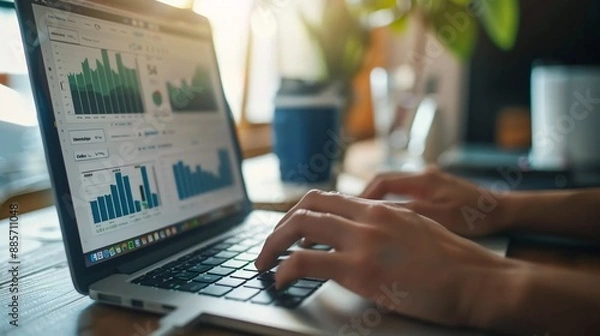 Fototapeta A focused advertising manager reviews website analytics on their laptop, analyzing data to optimize campaign performance.