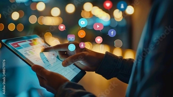 Fototapeta Using a tablet computer, an advertising manager reviews a social media campaign, monitoring engagement and analyzing its reach.