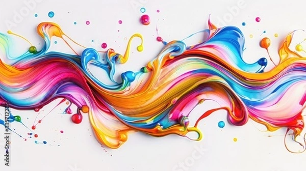 Fototapeta An abstract painting showing a burst of circular liquid motion, characterized by colorful curved waves and paint droplets on a white background.