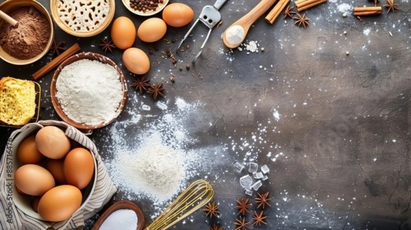 Fototapeta Background for baking or cooking with a top view of various ingredients and kitchen items