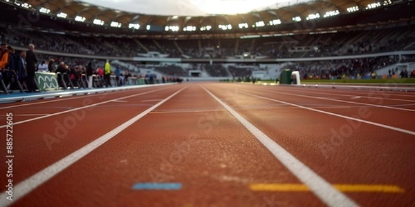 Obraz Detailed view of the track and field at the paris olympic games, vibrant atmosphere and cheering crowd