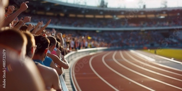 Obraz Excited crowd cheering at an olympic track and field event in paris, sunlight shining over the stadium