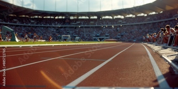 Obraz Wide-angle view of an Olympic running track in Paris stadium during the games, with spectators in the background
