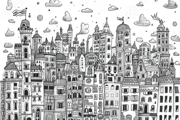 Fototapeta An enchanting black and white hand-drawn cityscape, brimming with playful and imaginative architectural details