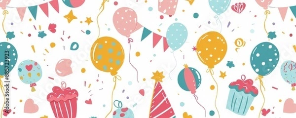 Fototapeta A colorful pattern of balloons and cupcakes with a party theme.