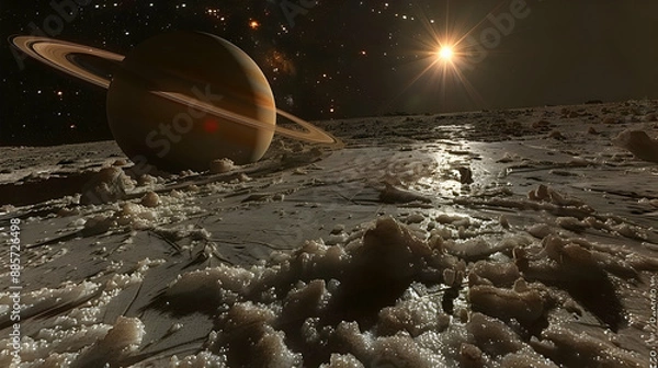 Fototapeta  A solar planet with rings made of ice and rock, orbiting a bright star