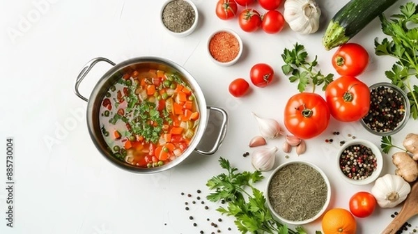 Fototapeta Open pan with fresh raw vegetables and spices for soup viewed from above and isolated on a white background