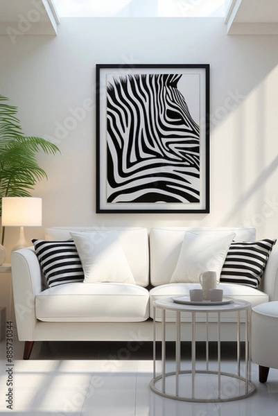 Fototapeta A bright and airy living room with a white sofa, black and white striped cushions, a zebra artwork, and round side table.