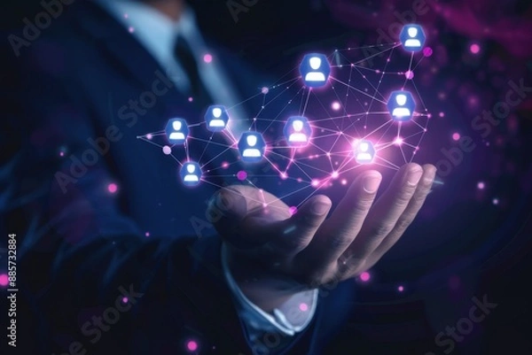 Fototapeta digital hologram of business network with people icons connected by lines on hand in dark blue suit holding it close to camera, background is blurred and black Generative AI