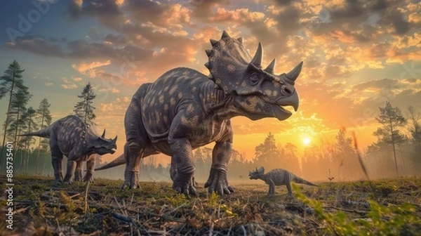 Fototapeta AI-generated majestic dinosaurs in a prehistoric landscape. Triceratops. The concept of time when dinosaurs ruled the Earth.