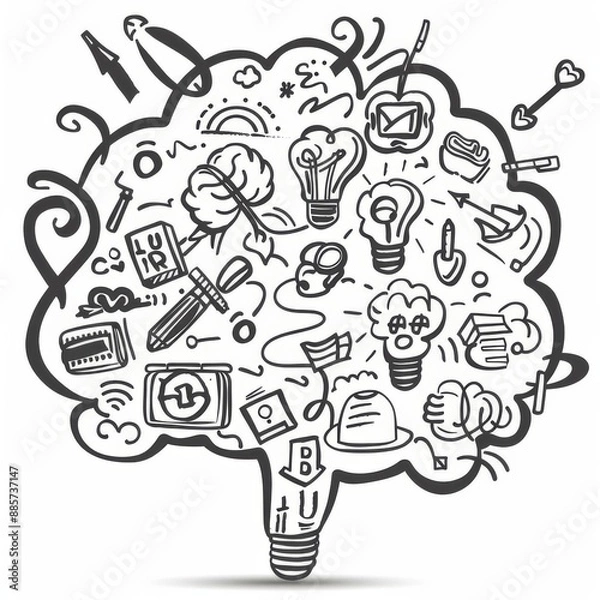 Fototapeta a mind map on paper clipart, brainstorming and learning, handdrawn style, black and white, isolated on white background