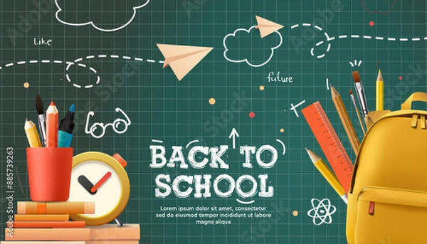 Fototapeta Back to school vector design. Welcome back to school greeting text with backpack schoolbag, alarm clock, pencil and chalkboard educational elements.