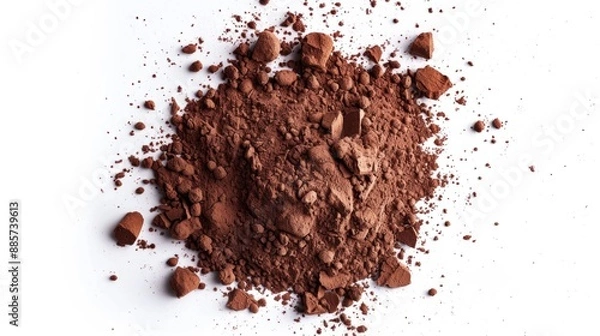 Fototapeta A pile of brown chocolate powder spills over a clean white surface, ready for use in baking or cooking