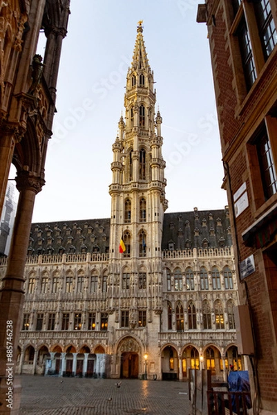Obraz Beautiful view of the Town hall in Brussels, Hôtel de ville de Bruxelles. Golden light, blue sky. Vertical photo