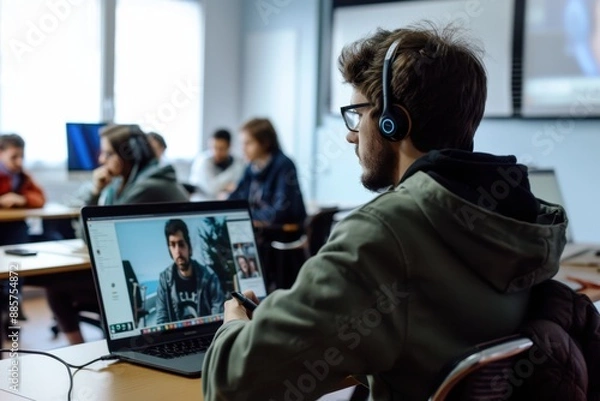 Fototapeta Virtual classroom with attentive students engaging in an online lesson on their laptops