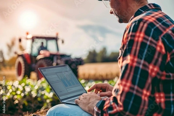 Obraz Modern agriculture concept with a farmer analyzing data on a laptop with a tractor in the background