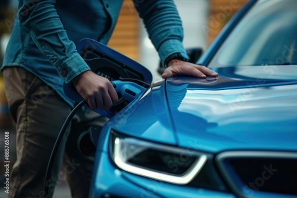 Fototapeta Man stands next to electric car with open hood. He inserts charging plug into socket. Urban setting with trees lining street. Perfect shot for eco-friendly and tech-related content.