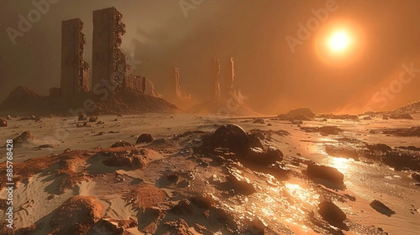 Fototapeta  A dystopian solar planet with ruins of a once-great civilization and a dim sun