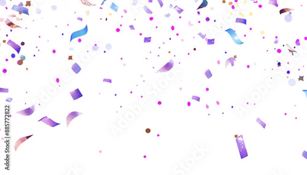 Obraz 
Holographic confetti with festive neon sparkles, birthday or New Year party carnival decor, metal foil particles explosion, and rainbow iridescence effect. Decoration poster background in purple colo