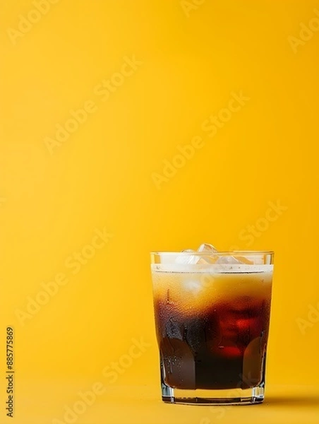 Fototapeta Dark Brown Summer Drink on a yellow Background with Sunlight and Shadows