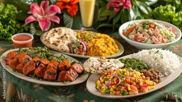 Fototapeta Assortment of Delicious Indian Dishes with Rice, Vegetables, Salad, and Naan on a Table