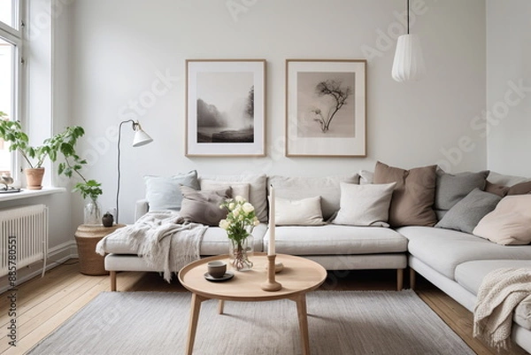 Fototapeta A cozy minimalist living room featuring a comfortable sectional sofa, a round wooden coffee table, framed art, and plants by the window. Natural light fills the space - Generative AI