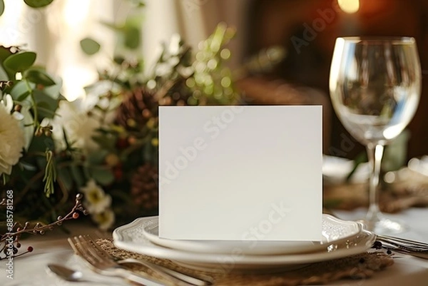 Fototapeta A dynamic mockup of a blank greeting card on a festive table setting, ideal for holiday and special occasion promotions