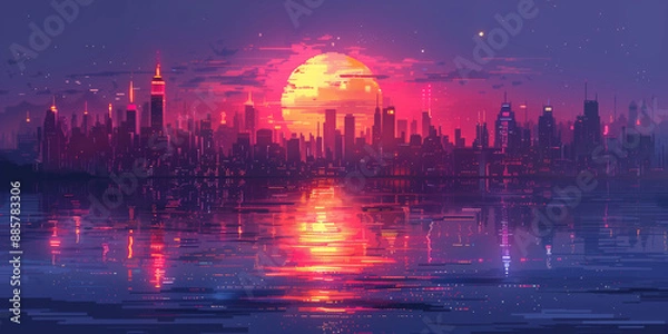 Obraz Pixel art retro wave. panorama of big city. wide banner. Space for text. neon cyberpunk digital 8 16 32 64 bit painting. poster, flyer, banner, email, header, social media post. Generative Ai content