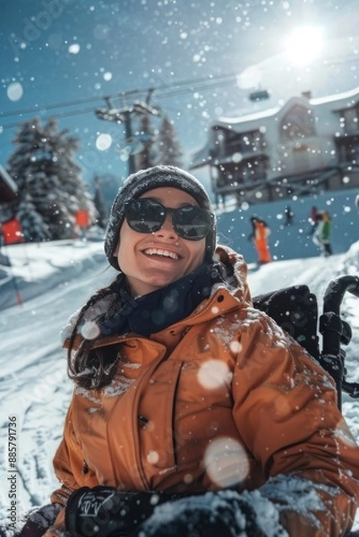 Fototapeta Disabled young woman in wheelchair enjoys snowy ski resort, symbolizing winter accessibility