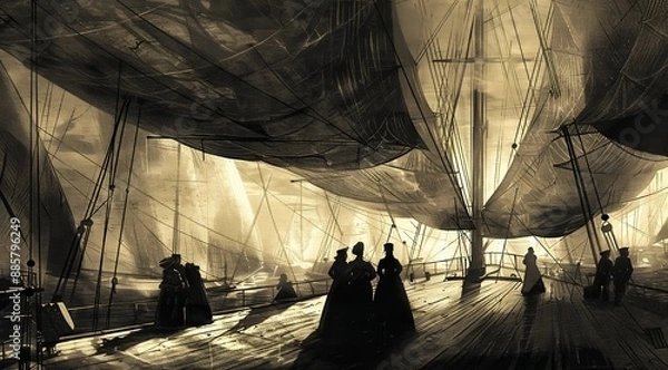 Obraz Vintage sepia daytime photo of people in 19th-century dress seen in silhouette aboard a fantastic flying sailing ship. From the series �Bad LSD.�
