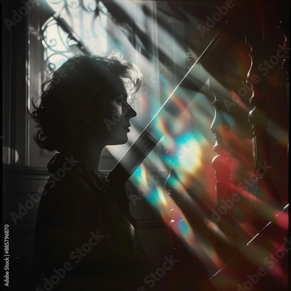 Obraz Dark realistic close-up indoor photo of a young woman seen in silhouette backlit by light shining through a window, double exposure. From the series �Art Film - Color.�