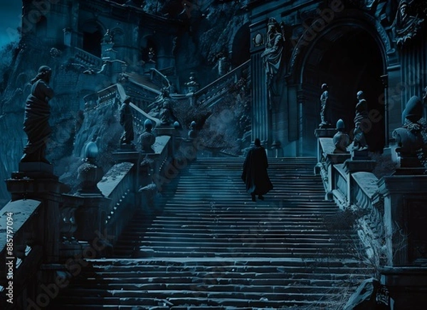 Obraz Spooky blue-tinted outdoor photo of a man in a black cloak climbing a long stairway to a misty half-ruined castle. From the series �Recurring Dreams.�