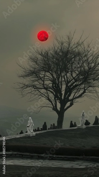 Obraz Sepia-toned selectively-colored outdoor photo of dark figures in silhouette on a hill with white statues under a red sun, bleak and dystopian vibe. From the series �Lost Cities of Central Asia.�