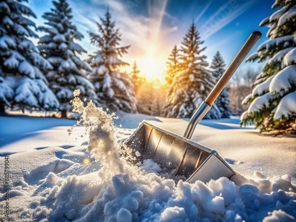 Fototapeta Freshly fallen snow being scooped and tossed aside by a shovel, its metal blade gleaming, in a winter wonderland scene of serene elegance.