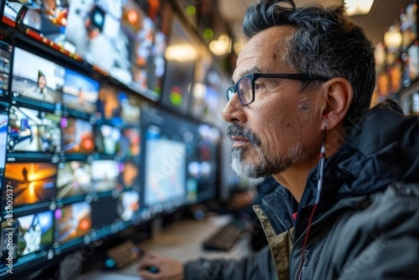 Obraz Focused on the Screens: A Man Monitoring Security Footage