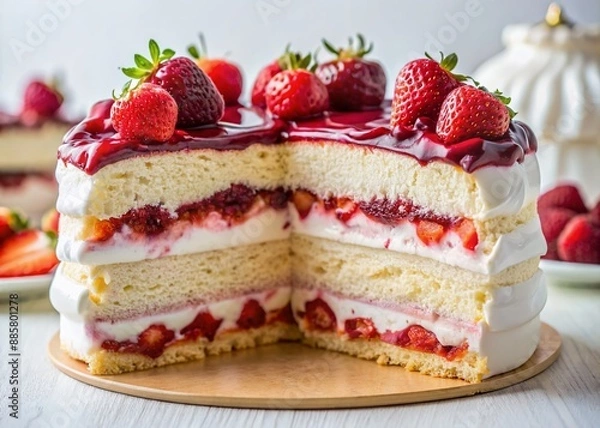 Fototapeta Vibrant strawberry yogurt topped meringue cake, sliced to reveal layers of fluffy whites and rich berry compote, against a clean white background.