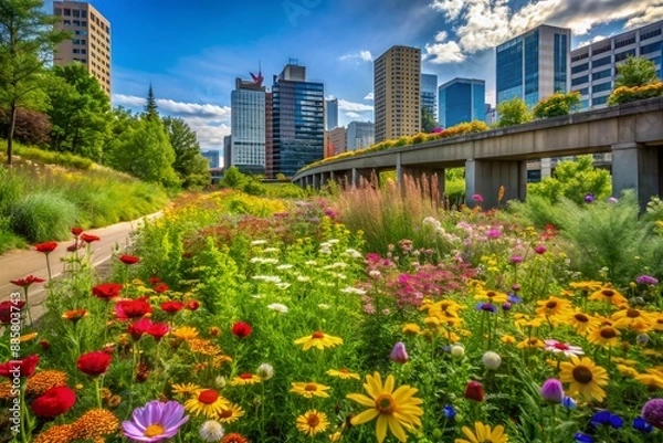 Fototapeta Vibrant wildflowers of varied colors bloom amidst lush greenery in a tranquil urban oasis, contrasting with the surrounding concrete buildings and city infrastructure.