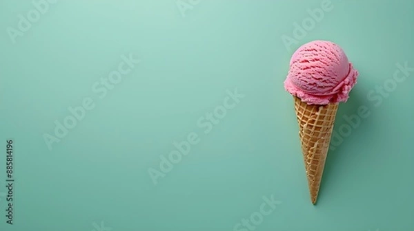 Fototapeta Pink Ice Cream Cone on a green Background with Copy Space