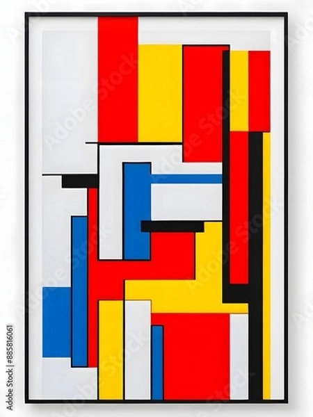 Fototapeta Abstract geometric background with red, yellow and blue elements in De Stijl design, Generative AI.