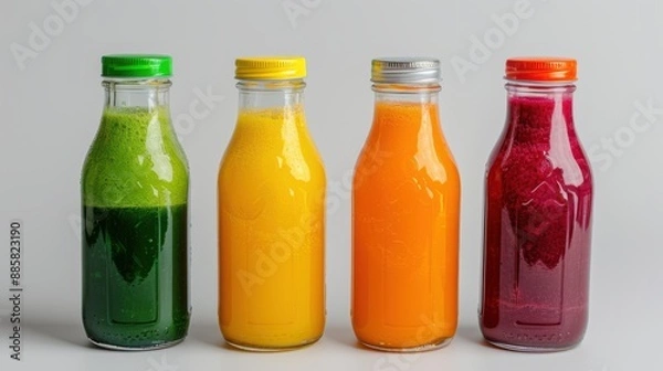 Fototapeta 21. Freshly squeezed juice in glass bottles on a white background
