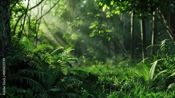 Fototapeta Natural dorest of woods with sunbeams through fog and leaves branch create mystic atmosphere. natural green beech forest in the morning light. busy forest with wood tree