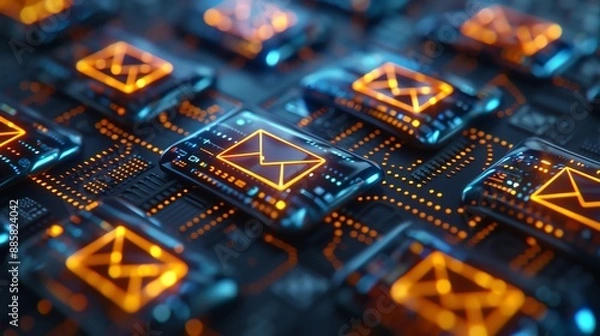Obraz 3D render of glowing Force mail icons on a digital screen background with a data flow and web communication concept, in the style of orange, indigo and gunmetal colors
