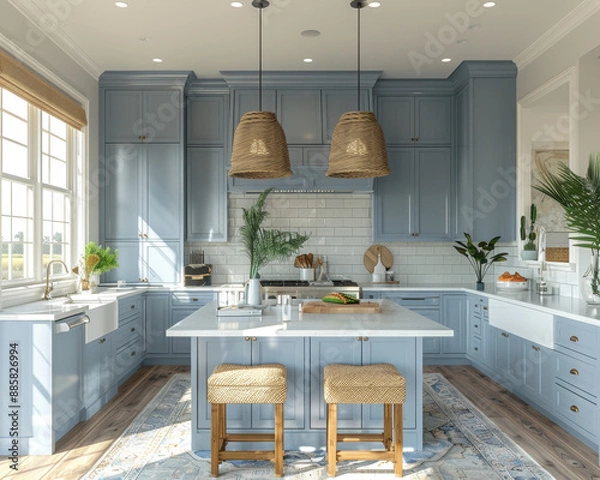 Obraz Modern Coastal Kitchen Interior with Light Blue Cabinets and Nautical Decor 3D Render