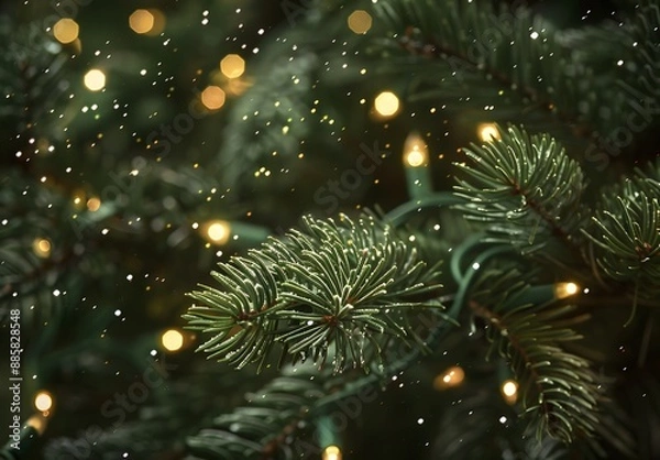 Fototapeta Close Up Christmas Tree Branch With Lights