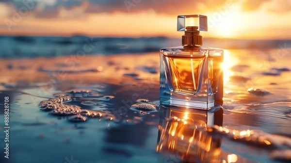 Fototapeta perfume bottle on a beach in front of the sunset product photography 