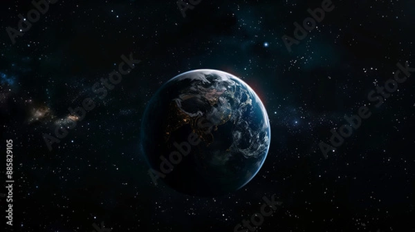 Fototapeta An image of planet Earth in the center of the frame, surrounded by the dark expanse of space. The Earth is partially illuminated, showing the transition from day to night.