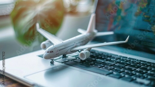 Obraz White model of airplane and persons on laptop keyboard Introduction to global aviation related things can be done online at hand ticket booking flight schedule tracking shipping. Copy space image
